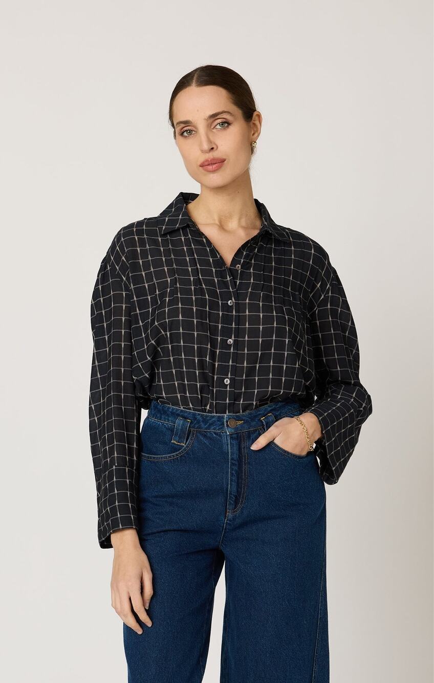 NWOT Cleobella Keira Blouse Collared Button Up Black White Grid Print Small